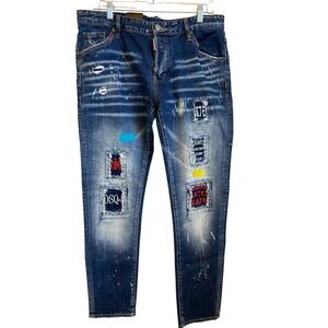 DSQUARED2 New Rider Jean Dark Wash Paint Splatter Patch Slim IT 52 S71LB0004